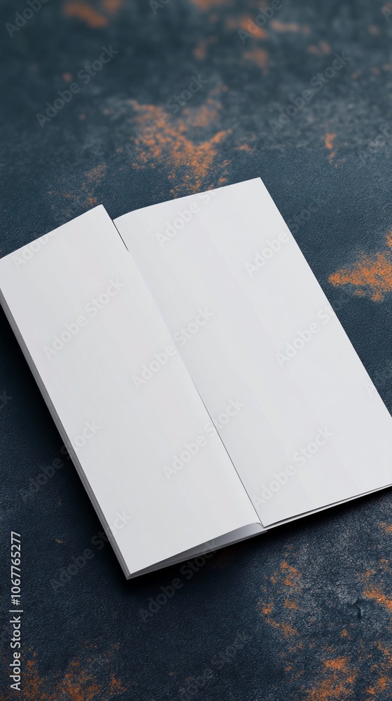 Poster open blank notebook on rustic dark surface with orange speckles, symbolizing fresh start and creativ