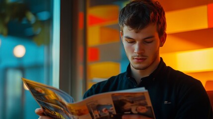 Young man engrossed in reading a magazine in a vibrant, colorful environment. The warm lighting and modern interior create an atmosphere of relaxation and focus.