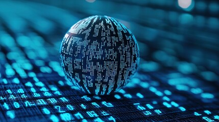 A glowing sphere sits on a bed of binary code, illuminated in shades of blue, symbolizing technology and data in a digital landscape.