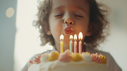 A child blowing out candles on a birthday cake, surrounded by joy and excitement, capturing the magic of a special moment filled with wishes and celebration.