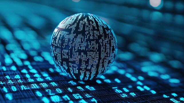 A glowing sphere sits on a bed of binary code, illuminated in shades of blue, symbolizing technology and data in a digital landscape.
