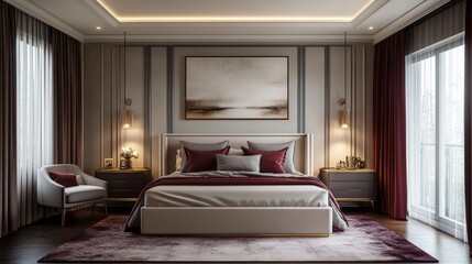 Modern Bedroom with Plush Bed and Burgundy Accents