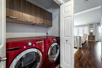 Inside and facade outside interior of modern renovated apartment flat in condominium in Brossard...
