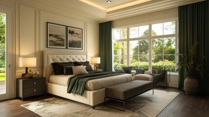 Fototapeta premium Luxurious Bedroom Interior with Large Window and Green Accents