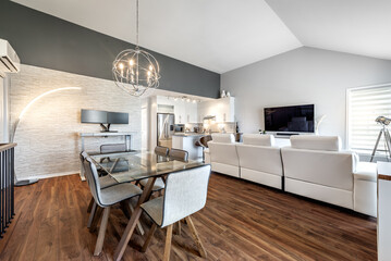 Inside and facade outside interior of modern renovated apartment flat in condominium in Brossard...