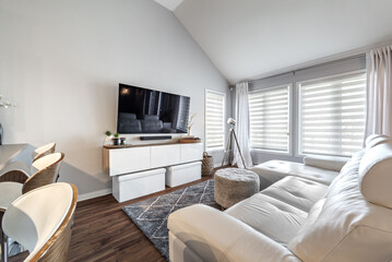 Inside and facade outside interior of modern renovated apartment flat in condominium in Brossard...