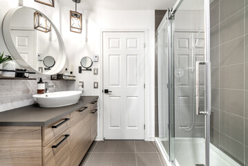 Inside and facade outside interior of modern renovated apartment flat in condominium in Brossard...