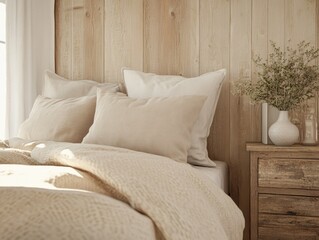 Elegant Bedroom with Textured Wall and Plush Pillows