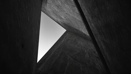 generative ai, Dark, dramatic black-and-white architectural photograph of towering concrete walls with minimal light and sharp geometric contrasts