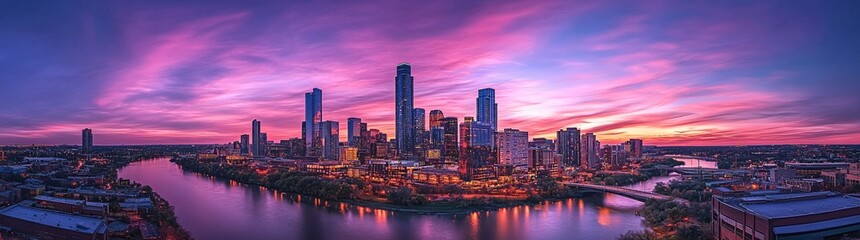 Fototapeta premium Watercolor bridge leading over a river toward a glowing 2025 city skyline, pastel sky