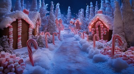 Fototapeta premium A Candy Cane Lane of Gingerbread Houses in a Winter Wonderland