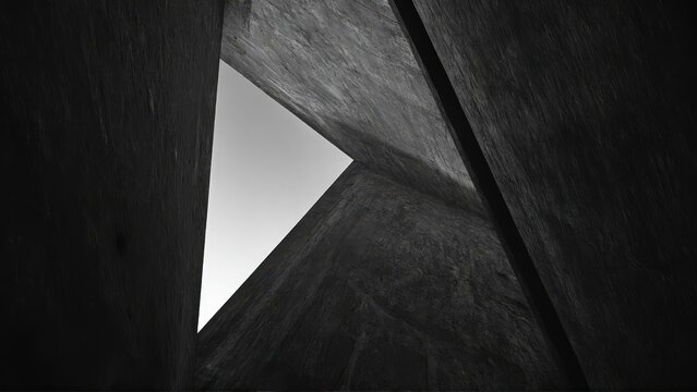 generative ai, Dark, dramatic black-and-white architectural photograph of towering concrete walls with minimal light and sharp geometric contrasts