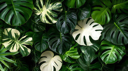 Lush Domestic Jungle with Variegated Monstera and Fresh Houseplants, Adding Elegance to Any Room . 4k image