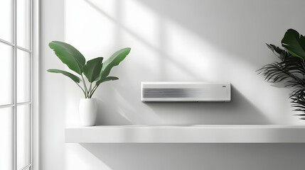 Modern Mini Split Heat Pump Installed on a White Wall, Featuring Sleek Design and Digital Display for Efficient Climate Control . 4k image