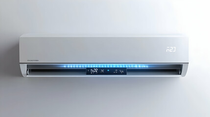 Modern Mini Split Heat Pump Installed on a White Wall, Featuring Sleek Design and Digital Display for Efficient Climate Control . 4k image