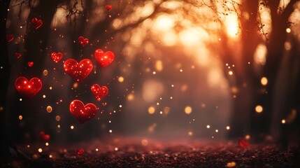 Romantic red hearts background design for valentine s day with sparkling lights in forest