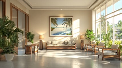 Obraz premium Watercolor hospital waiting room with comfortable chairs and calming