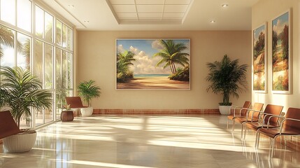 Watercolor hospital waiting room with comfortable chairs and calming