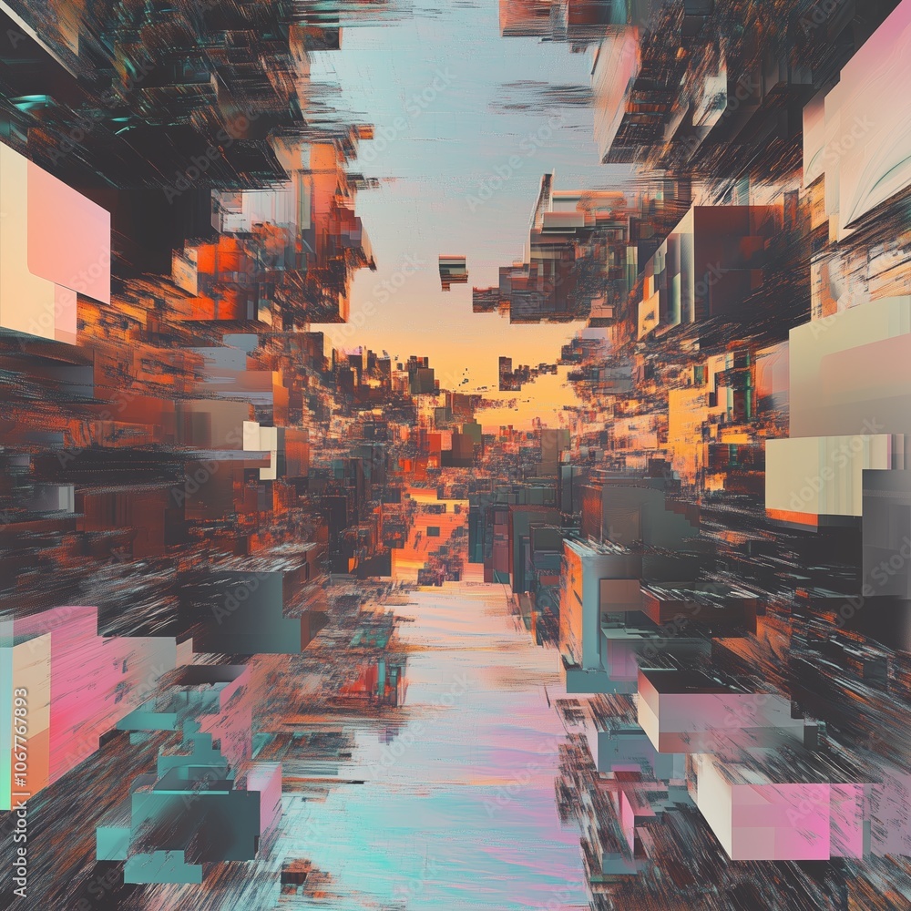 Poster abstract digital landscape depicting fragmented blocks at sunset, showcasing vivid colors and dynami