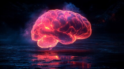 Obraz premium Holographic brain silhouette illuminated by laser projections in a dark environment