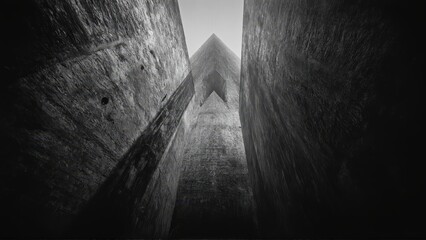 generative ai, Dark, dramatic black-and-white architectural photograph of towering concrete walls with minimal light and sharp geometric contrasts