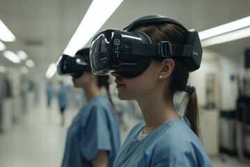 Healthcare professional using virtual reality headset in a hospital setting for patient care
