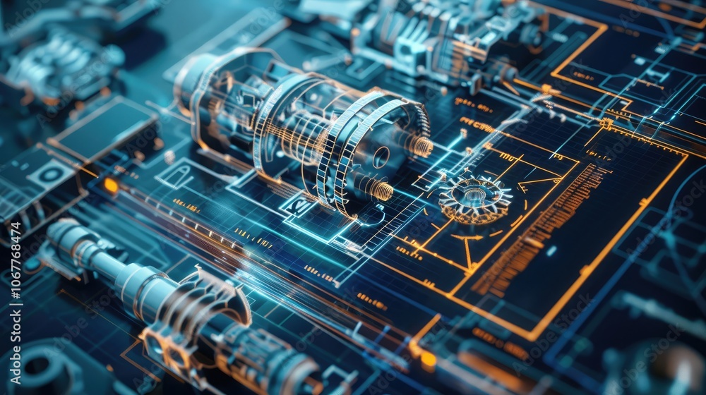 Poster 3d model of abstract details in cad interface, part engineering design in digital computer software.