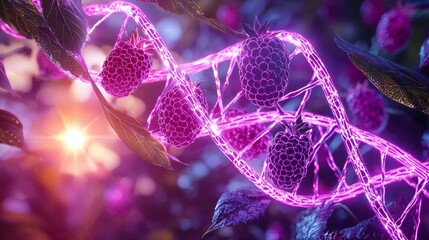 Fototapeta premium Mulberries with internal DNA helix, neon glow, genetic study concept