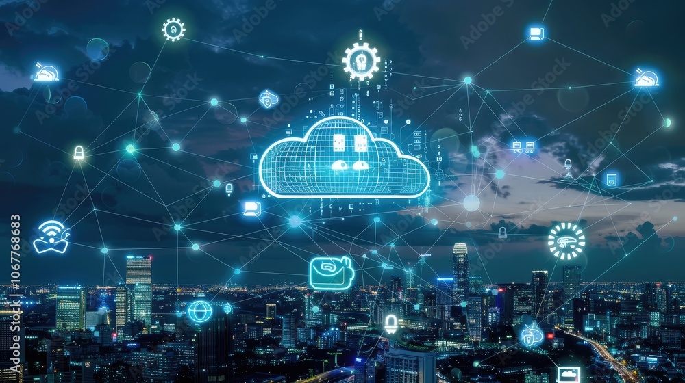 Poster data communication technology smart factory. digital transformation cloud integration