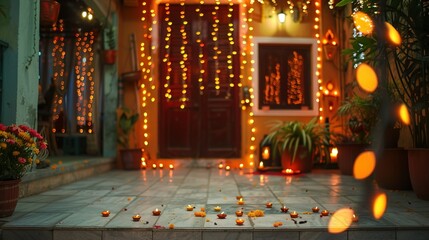 Obraz premium Lit Diya Lamps on a Tile Floor with String Lights in the Background