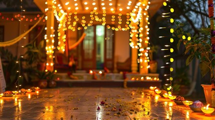 A Pathway Lit by Diyas and String Lights for a Festive Occasion