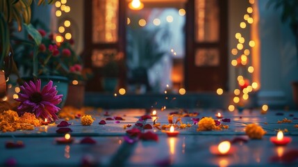 Obraz premium Candles and Flowers Illuminating a Porch at Dusk