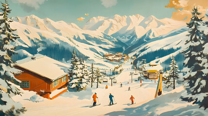 Vintage ski resort illustration featuring skiers, chairlift, and snowy mountain scenery on a bright day .illustration
