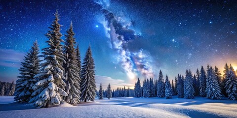 Fototapeta premium Serene winter night with tall pine trees under starry sky in snowy landscape, winter, night, serene, pine trees, starry sky