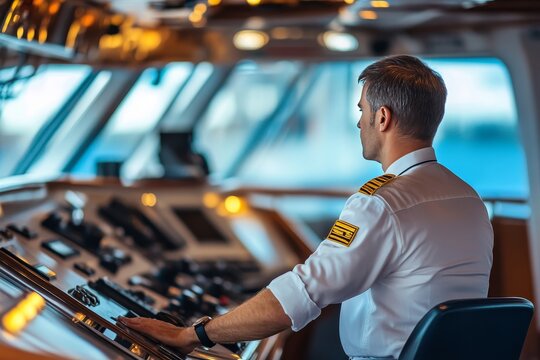 Captain and navigation officer overseeing cargo operations from security control room on cruise ship