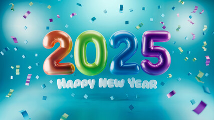2025 in colorful digits with minimalistic happy new year text on blue background full of confetti 