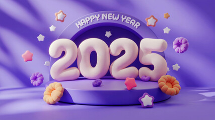 Obraz premium bold 2025 with happy new year text with stars and flowers on the purple background 