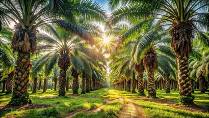 Obraz premium Close-up of oil palm plantation with rows of trees under sunlight , agriculture, plantation, tropical, industrial, farming