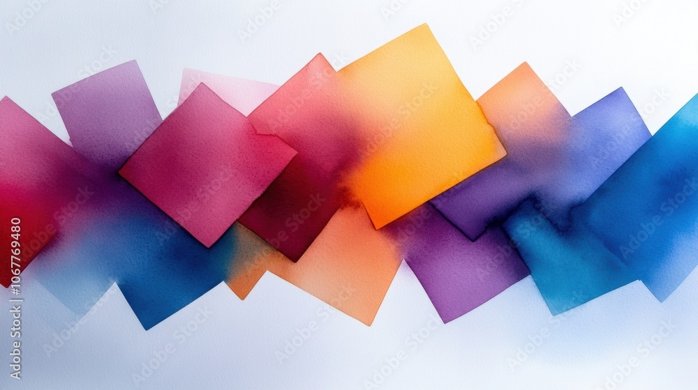 Poster a vibrant abstract composition featuring overlapping colorful squares in shades of purple, orange, a