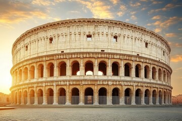 Naklejka premium Golden Sunrise, Majestic Roman Colosseum Cultural Icon of Italys Ancient Architecture