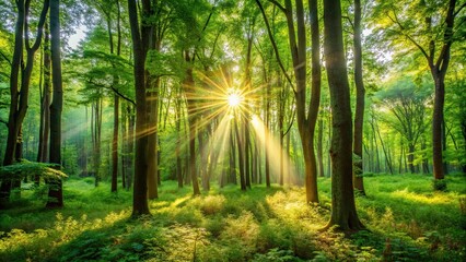 Fototapeta premium Sunlight streaming through dense green trees in a lush forest during late afternoon, Sunlight, streaming, trees, lush