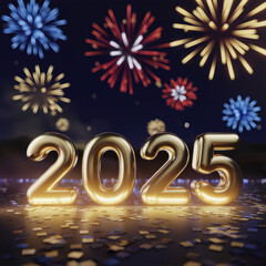 bold 2025 in golden letters set against dark background with colorful fireworks 