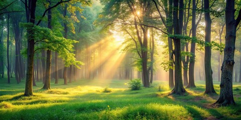 Obraz premium Dreamy forest scenery with soft light in clearing surrounded by trees, nature, green, forest, trees, panoramic, peaceful