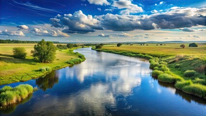 Wide open landscape with a river , nature, outdoor, scenery, tranquil, serene, water, flowing, landscape
