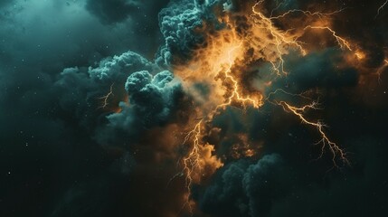 Obraz premium Golden Lightning Strikes Through Teal and Orange Clouds in a Starry Night Sky