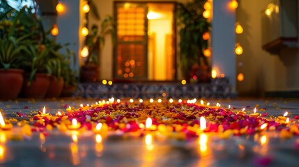 Lit Diyas and Flower Petals Leading to a Doorway
