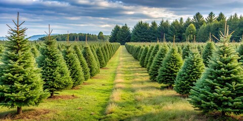 Obraz premium Christmas trees standing in rows on a tree farm, festive, holiday, winter, agriculture, seasonal, landscape, rural