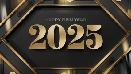Obraz premium 2025 in golden letters with happy new year text with matte black background having geometrical frame 