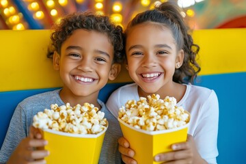 Two smiling children holding yellow popcorn buckets at a carnival. Concept of friendship, fun, and enjoying fairground activities
