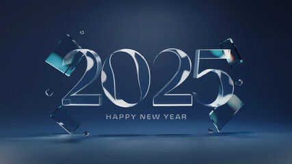2025 with minimalistic happy new year text on royal blue background with snowflake and ice cubes 
